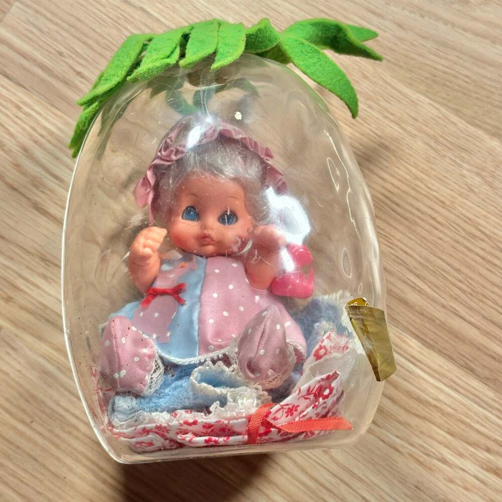 Vintage Furga Baby in a Fruit Doll Strawberry Case Pink Blue Outfit Italy